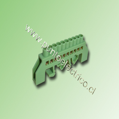 REGLETA AISLADA VERDE 10 PUNTOS CONEXION 5,2mm A RIEL DIN. PE200127